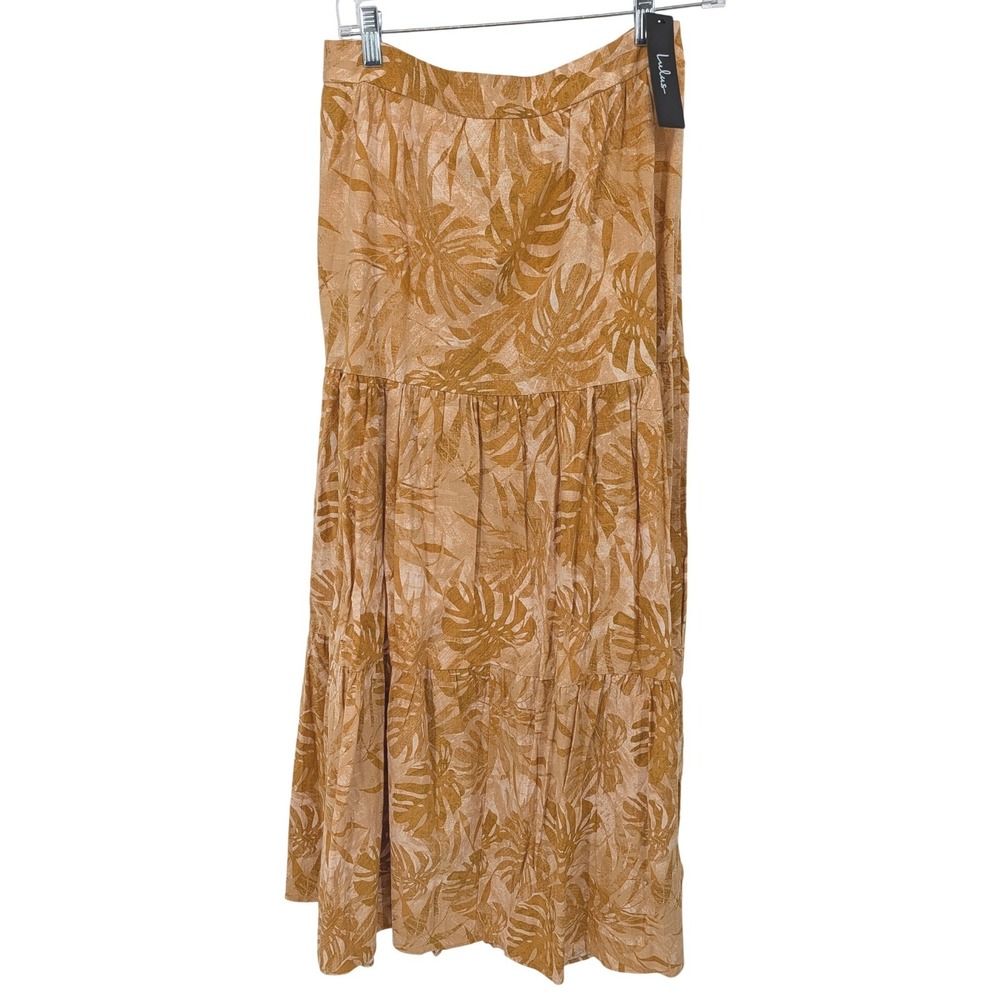 Lulus Linen Blend Maxi Skirt Women Large Tan Tropical Leaf Tiered Boho Coastal